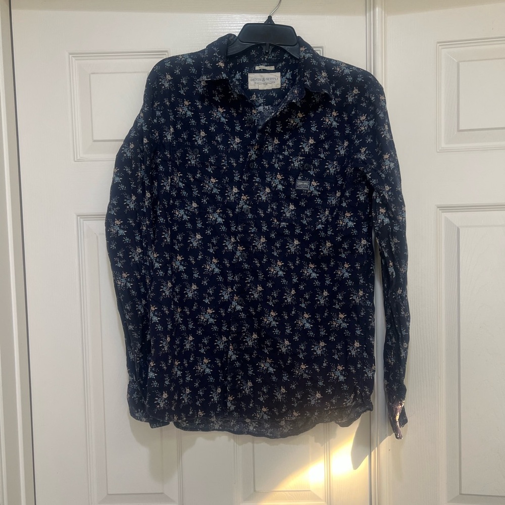 Denim & Supply RL Button Down Shirt Navy Floral Collared Prairie Cotton Size M